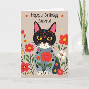 Folk Art Cats and Flowers Personalized Birthday Card