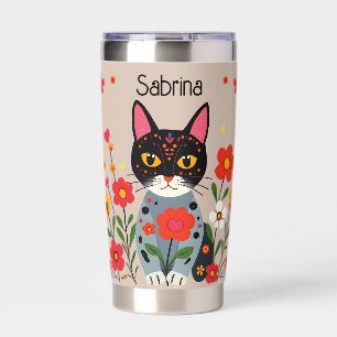 Folk Art Cats and Flowers Personalized Insulated Tumbler