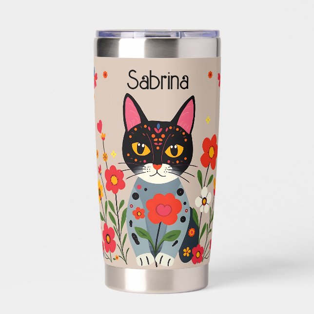 Folk Art Cats and Flowers Personalized Insulated Tumbler (Front)