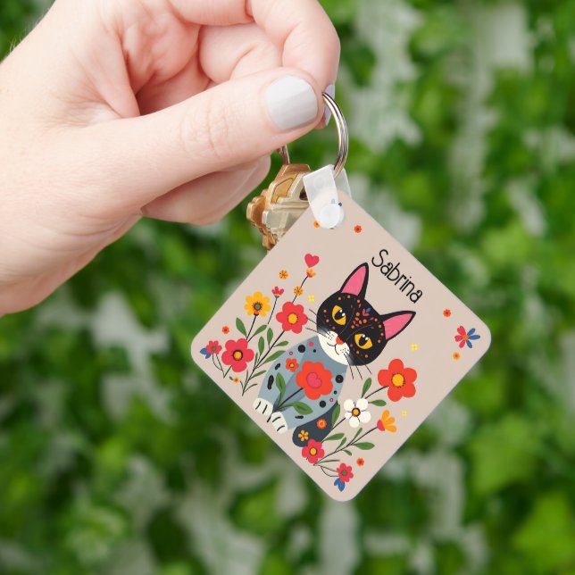 Folk Art Cats and Flowers Personalized Keychain (Hand)