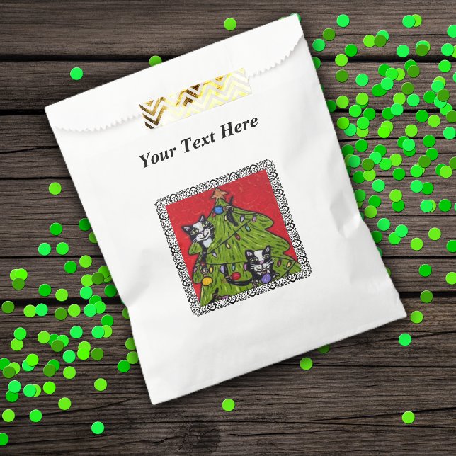 Folk Art Cats Christmas Tree Favor Bag (Naughty cats climbing in Christmas tree on red with black border on white favor or treat bags.)