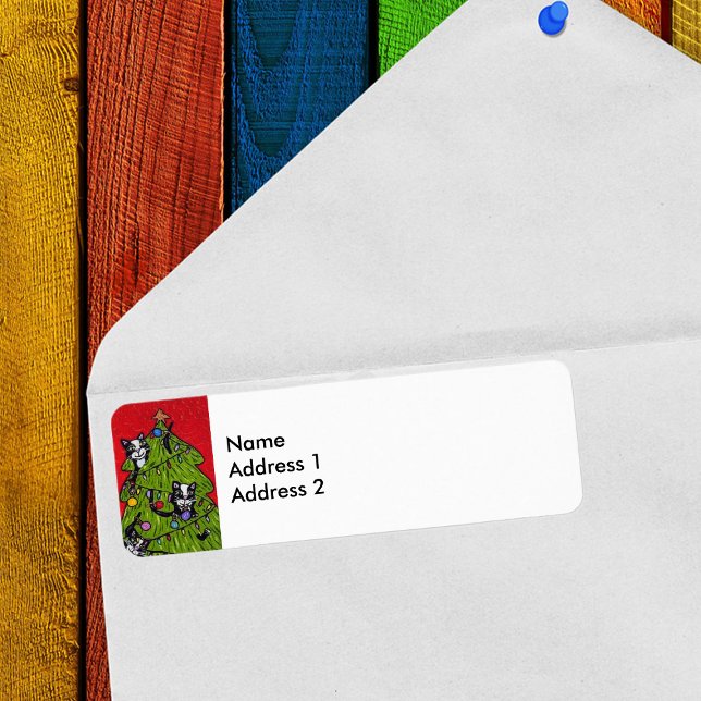 Folk Art Cats Christmas Tree Label (Naughty tuxedo Cats in decorated Christmas Tree on return address labels.)