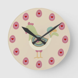 Folk Art Chicken and Eggs Round Clock