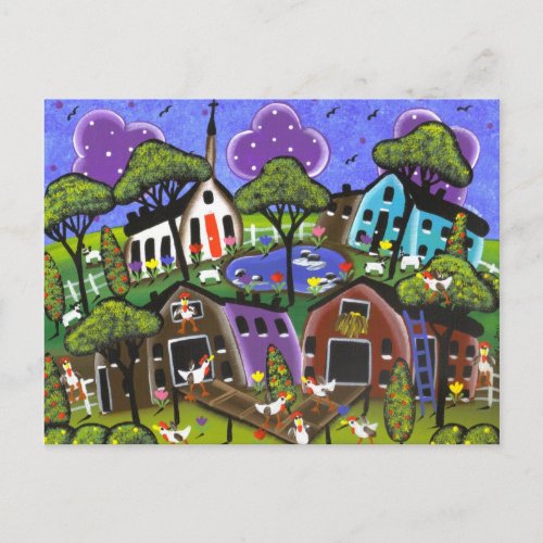 FOLK ART Chicken Flock BY LORI EVERETT postcard