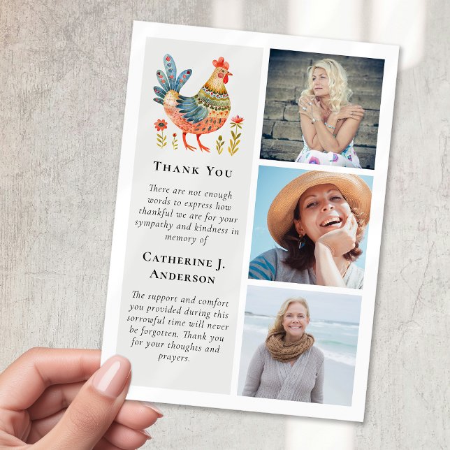 Folk Art Chicken Photo Sympathy Funeral Thank You Card (Creator Uploaded)