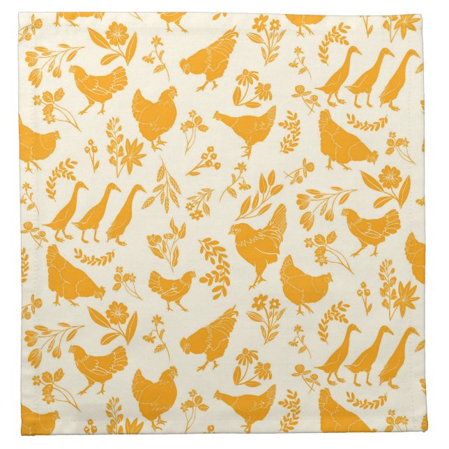 Folk Art Chickens & Ducks in Golden Yellow & Cream Cloth Napkin (Front)