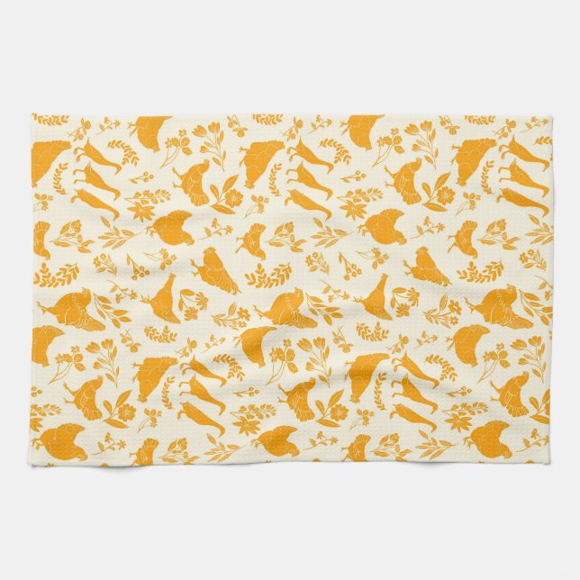 Folk Art Chickens & Ducks in Goldenrod Yellow Kitchen Towel (Horizontal)