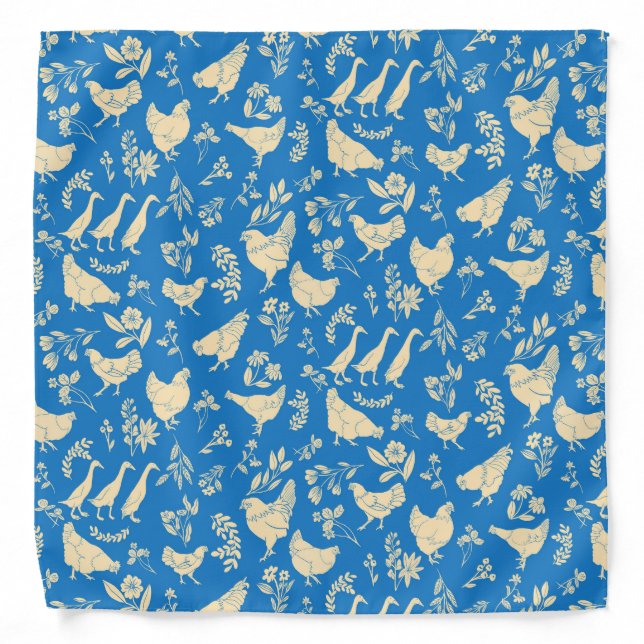 Folk Art Chickens & Ducks on Classic Blue Bandana (Front)