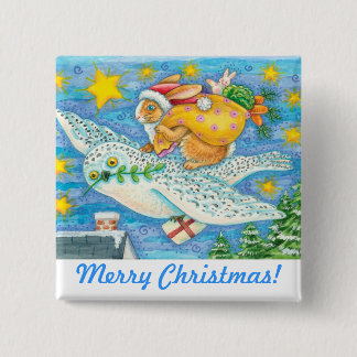 Folk Art Christmas Bunny & Owl Holiday Button