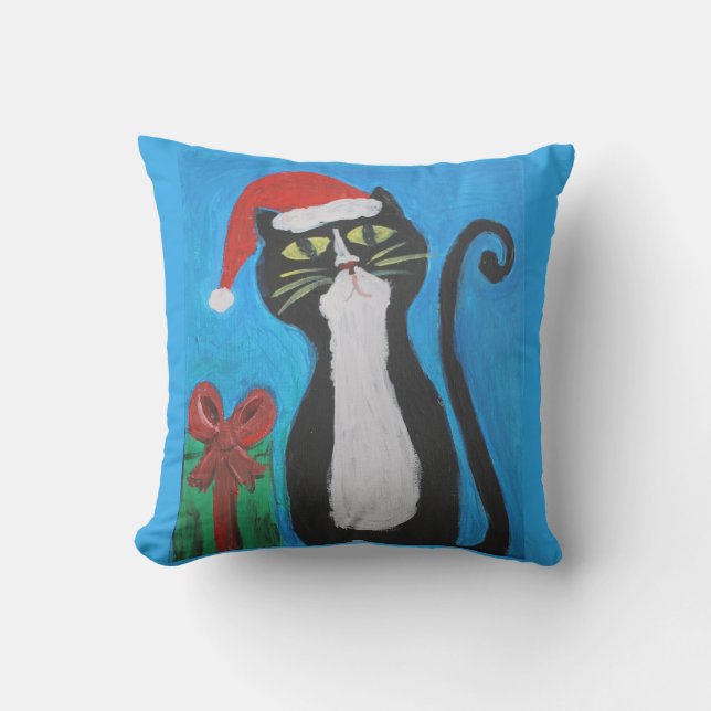 Folk Art Christmas Cat Throw Pillow (Front)