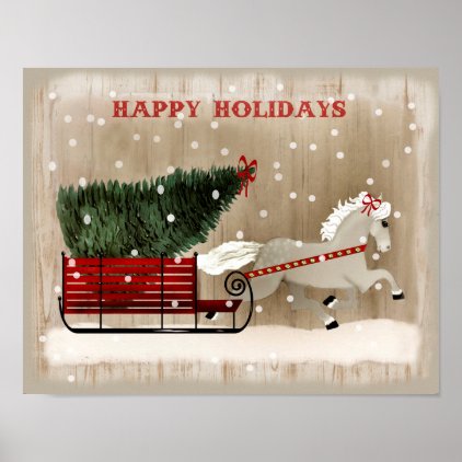Folk Art Christmas Horse and Sleigh snow scene Poster