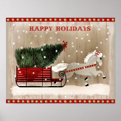 Folk Art Christmas Horse and Sleigh snow scene Poster