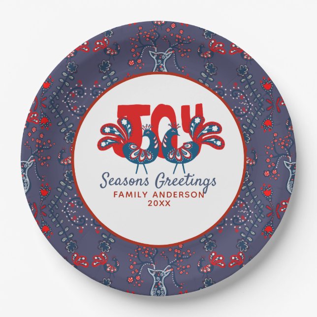 Folk Art Christmas Scandinavian Bird Red Blue Paper Plates (Front)