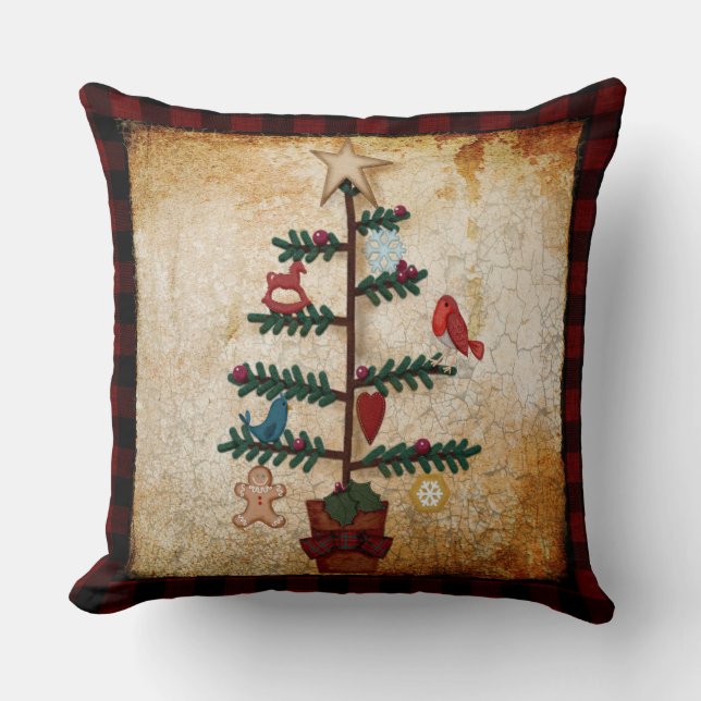 Folk Art Christmas Tree | Buffalo Plaid Throw Pillow (Front)