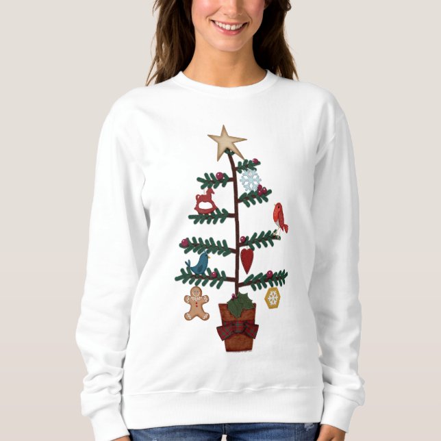 Folk Art Christmas Tree | Faux Felt Ornaments Sweatshirt (Front)