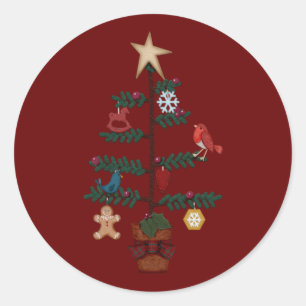 Folk Art Christmas Tree Felt Ornaments Classic Round Sticker