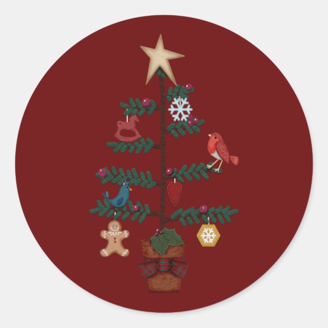 Folk Art Christmas Tree | Felt Ornaments Classic Round Sticker (Front)