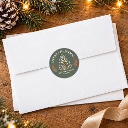 Folk Art Christmas Tree Forest Green Holiday Classic Round Sticker