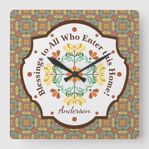 Folk Art Chrysanthemum Autumn Pattern Personalized Square Wall Clock