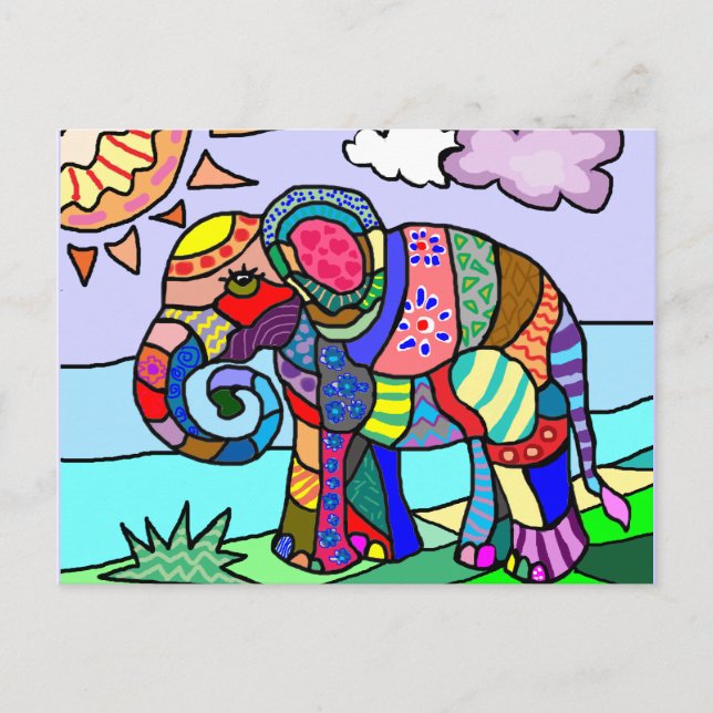Folk art colorful artistic elephant painting postcard (Front)