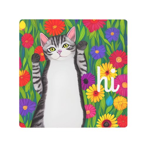 Folk Art Colorful Cat and Flowers saying Hi AI art