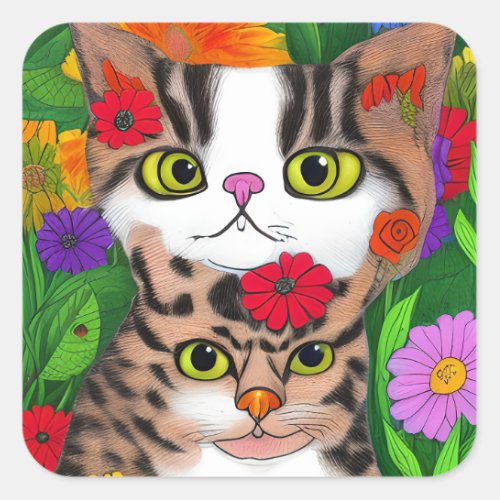 Folk Art Colorful Cat and Kitten Square Sticker