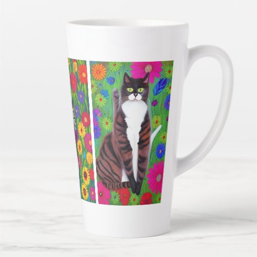 Folk Art Colorful Cats and Flowers  AI art Latte Mug