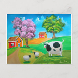 Folk art colorful cow and sheep painting postcard