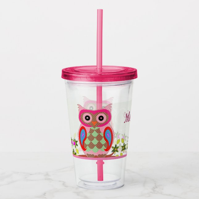 Folk Art Colorful Patchwork Owl Acrylic Tumbler (Front)