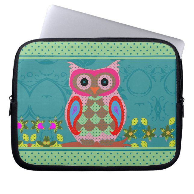 Folk Art Colorful Patchwork Owl Laptop Sleeve (Front)