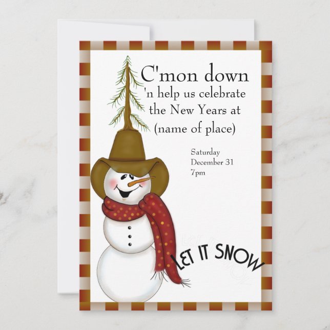 Folk Art Cowboy Snowman New Years Invitation (Front)