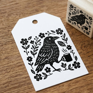 Folk Art Crow Coffee Botanical Floral Rubber Stamp