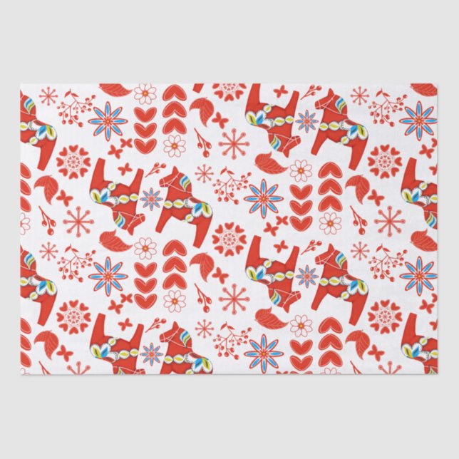 Folk Art Dala Swedish Red Horse Floral Pattern Tissue Paper (Front)