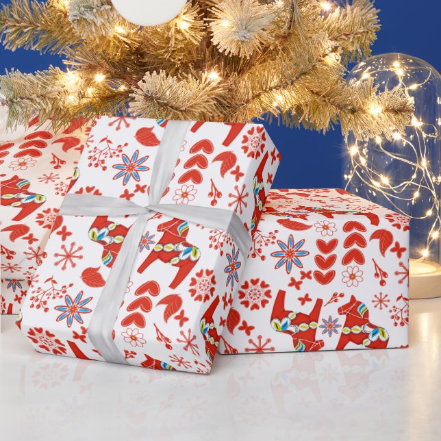 Folk Art Dala Swedish Red Horse Floral Pattern Wrapping Paper (Holidays)