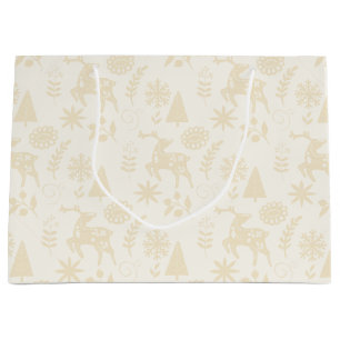 Folk Art Deer Botanical Ivory Large Gift Bag
