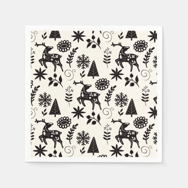 Folk Art Deer Forest Black and White  Napkins (Front)