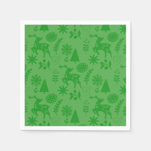 Folk Art Deer Forest Green Napkins (Front)