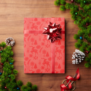 Folk Art Deer Forest Red Gift Wrapping Paper