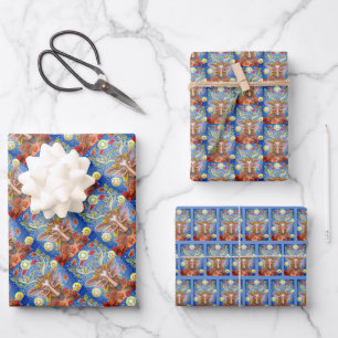 FOLK ART DEER IN AUTUMN FOREST, BIRD NEST Assorted Wrapping Paper Sheets