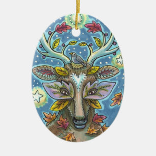 FOLK ART DEER IN AUTUMN FOREST, BIRD NEST & MOON CERAMIC ORNAMENT