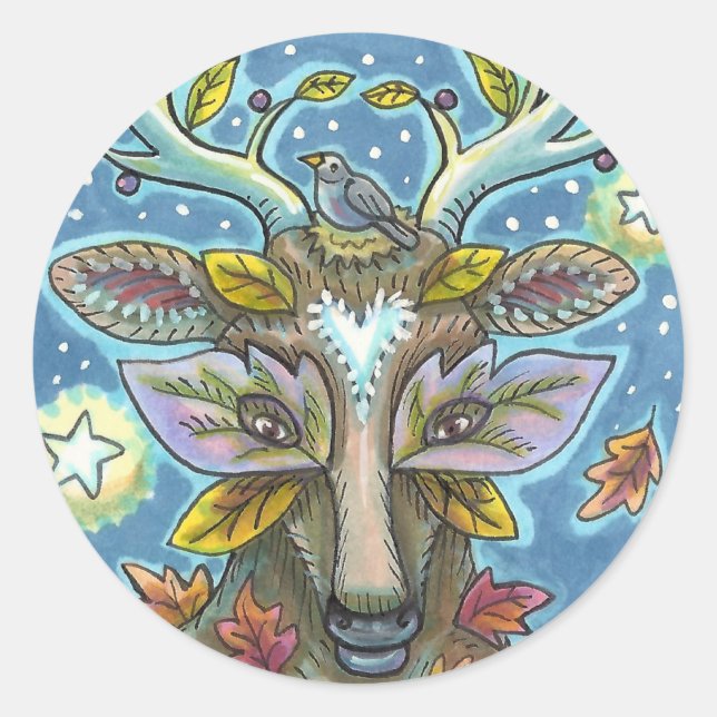 FOLK ART DEER IN AUTUMN FOREST, BIRD NEST & MOON CLASSIC ROUND STICKER (Front)