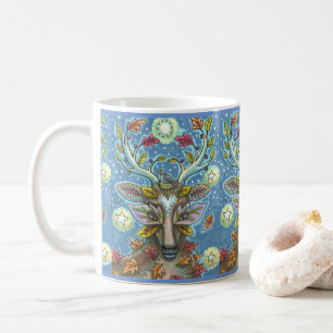 FOLK ART DEER IN AUTUMN FOREST, BIRD NEST & MOON COFFEE MUG