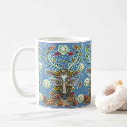 FOLK ART DEER IN AUTUMN FOREST BIRD NEST  MOON COFFEE MUG