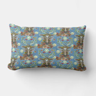 FOLK ART DEER IN AUTUMN FOREST, BIRD NEST & MOON LUMBAR PILLOW