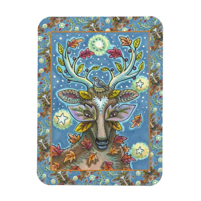 FOLK ART DEER IN AUTUMN FOREST, BIRD NEST & MOON MAGNET (Vertical)