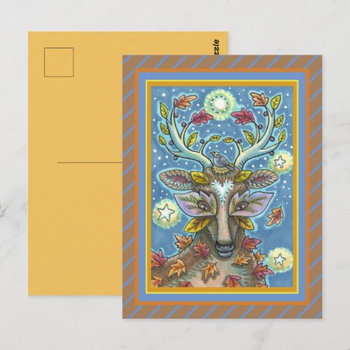 FOLK ART DEER IN AUTUMN FOREST, BIRD NEST & MOON POSTCARD