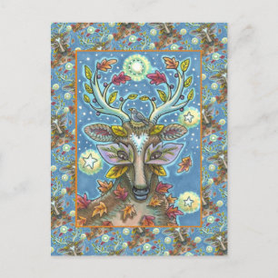 FOLK ART DEER IN AUTUMN FOREST, BIRD NEST & MOON POSTCARD
