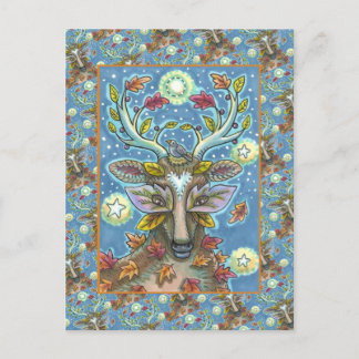 FOLK ART DEER IN AUTUMN FOREST, BIRD NEST & MOON POSTCARD