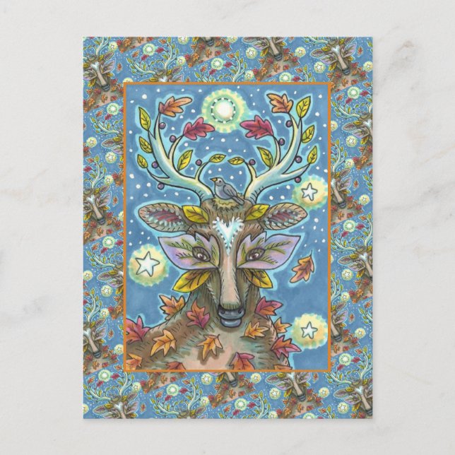 FOLK ART DEER IN AUTUMN FOREST, BIRD NEST & MOON POSTCARD (Front)