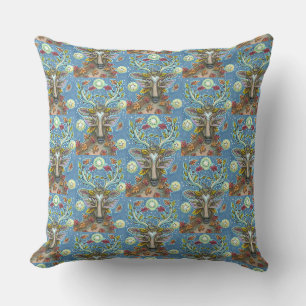 FOLK ART DEER IN AUTUMN FOREST, BIRD NEST & MOON THROW PILLOW